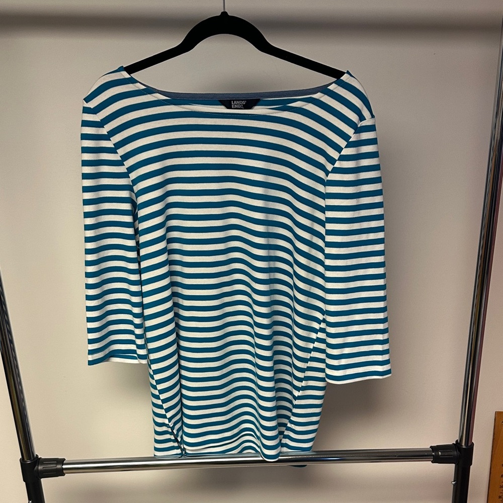 Lands End Teal and White Striped Long Sleeve Top